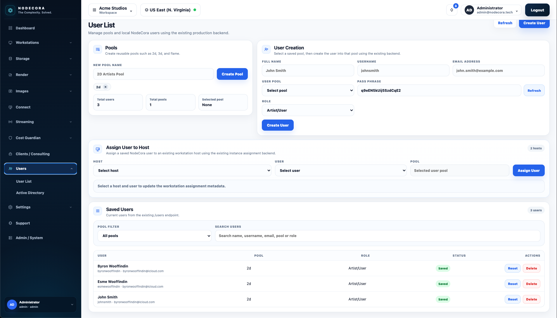 NodeCora user management preview